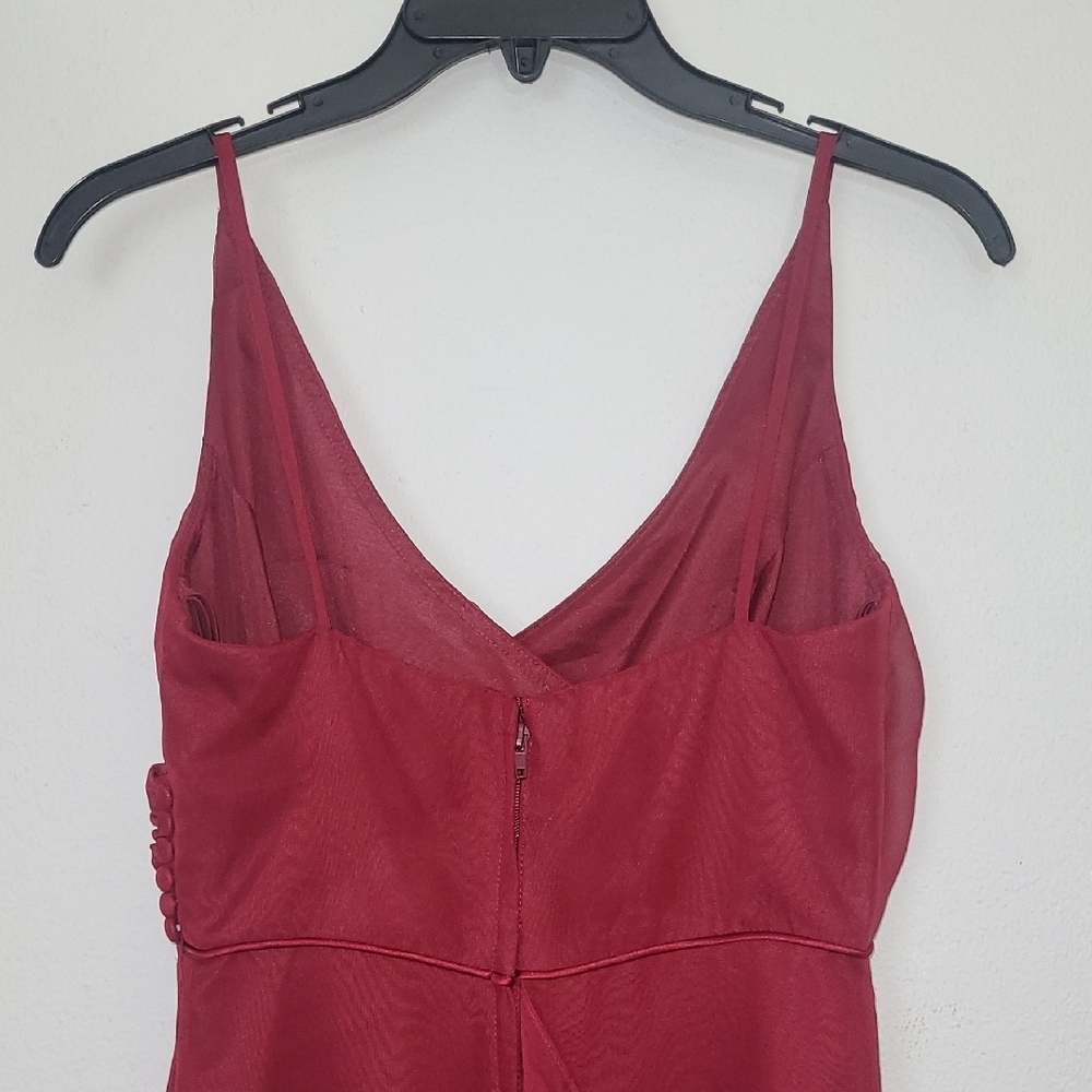 Formal Maxi Dress Burgundy Spaghetti Strap Sweetheart Train Sheer Chiffon Whimsi - Picture 10 of 14